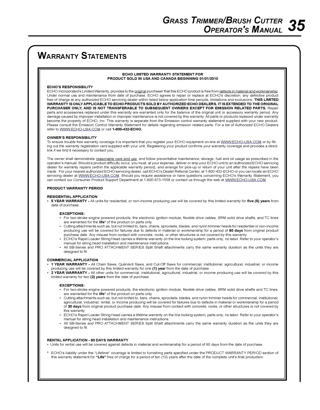 Echo SRM - 225U manual Warranty Statements, Exceptions 