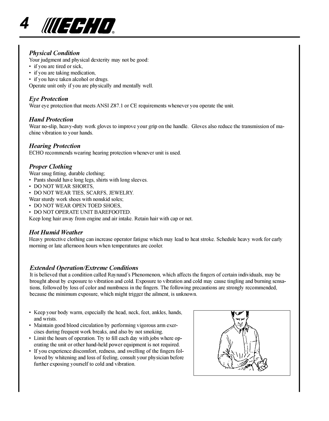 Echo SRM - 225U manual Physical Condition, Eye Protection, Hand Protection, Hearing Protection, Proper Clothing 