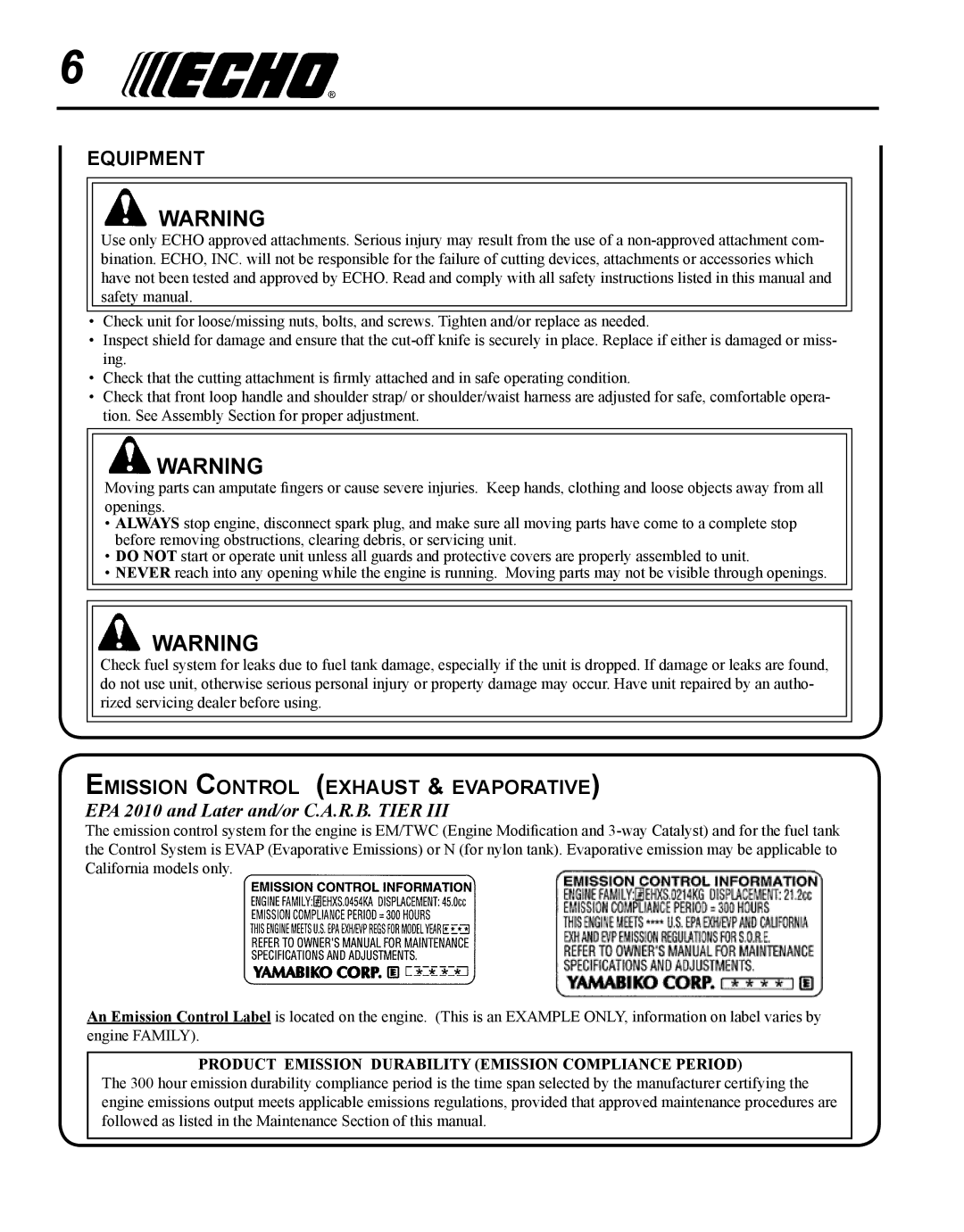 Echo SRM - 225U manual Equipment, Emission Control exhaust & evaporative, EPA 2010 and Later and/or C.A.R.B. Tier 