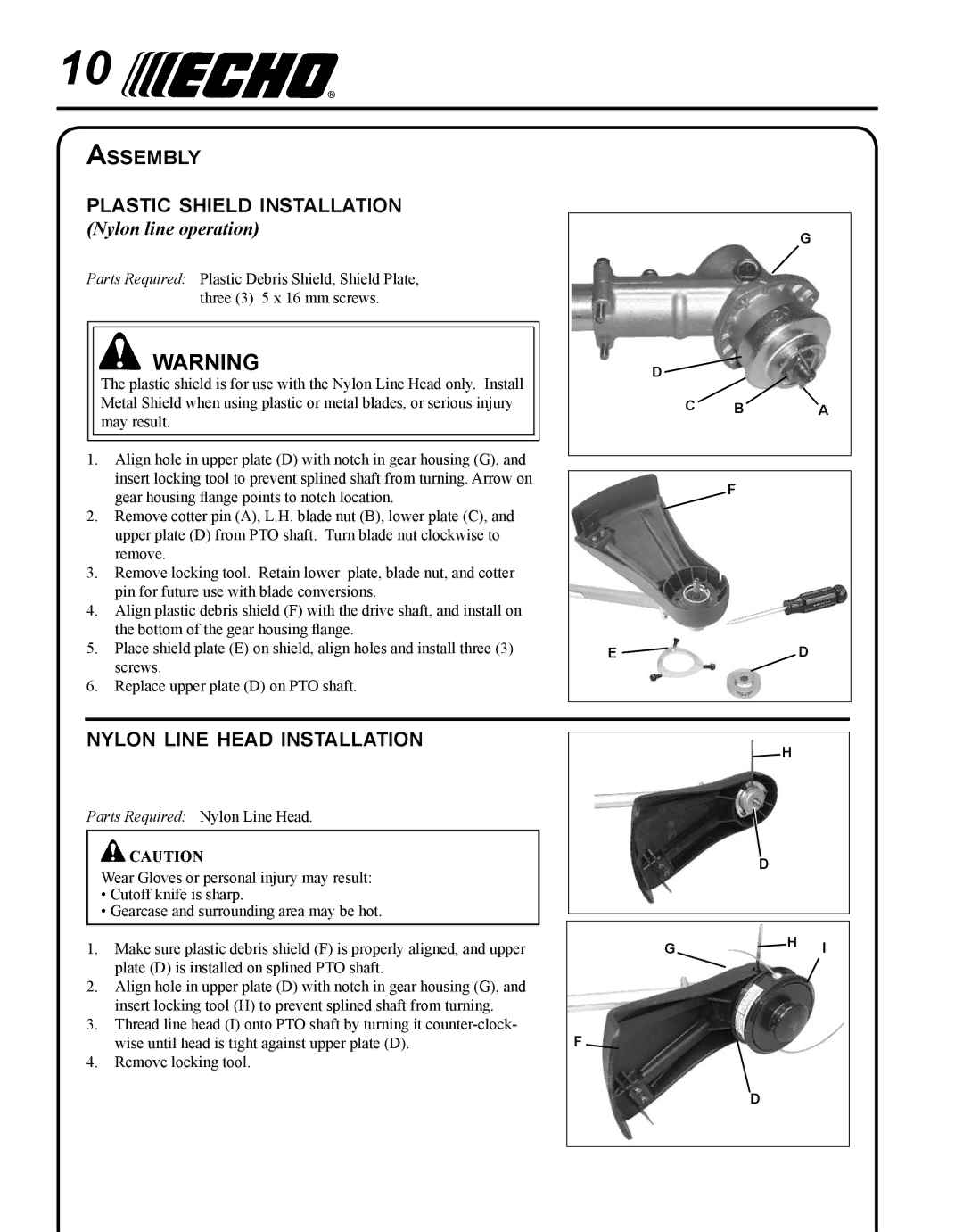 Echo SRM - 280U manual Assembly Plastic shield installation, Nylon line head installation, Nylon line operation 