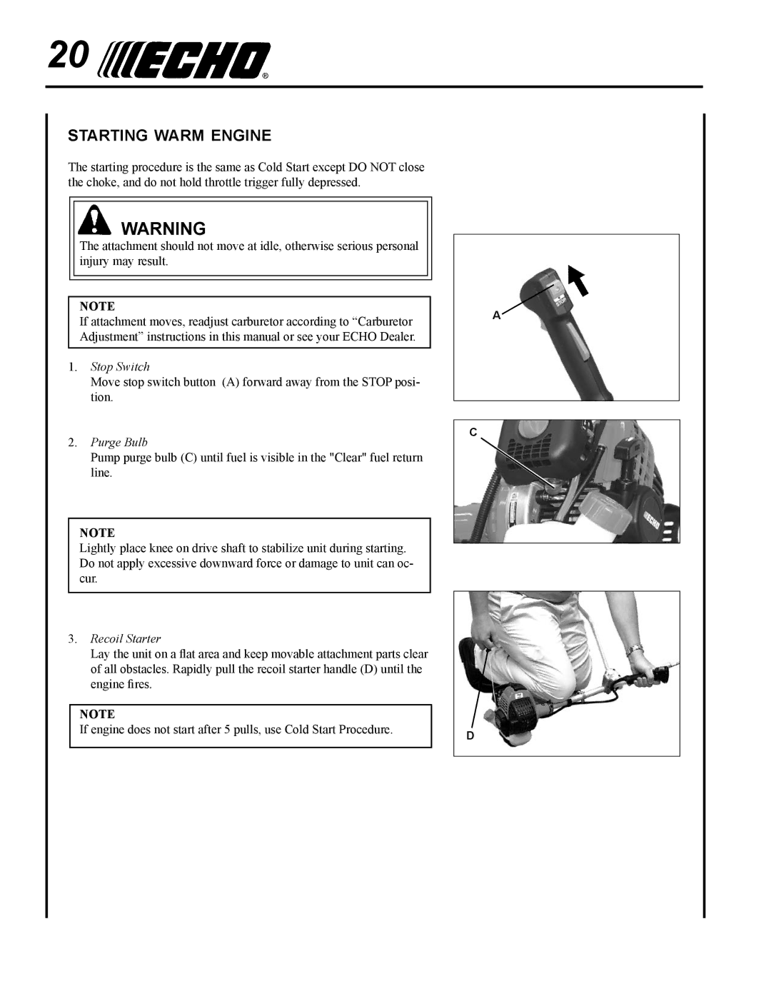 Echo SRM - 280U manual Starting warm engine 