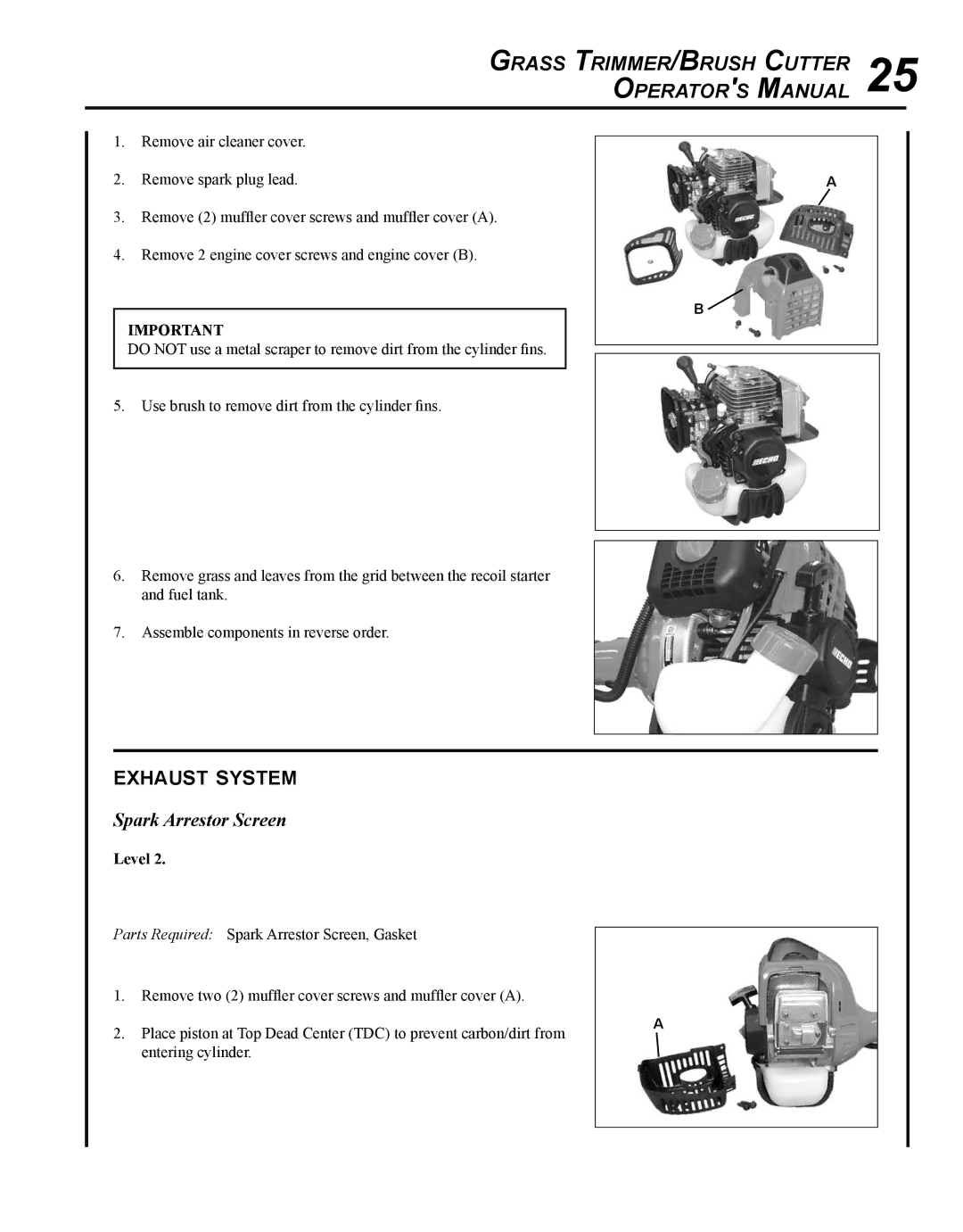 Echo SRM - 280U manual Grass Trimmer/Brush Cutter 25 Operators Manual, Exhaust system, Spark Arrestor Screen 