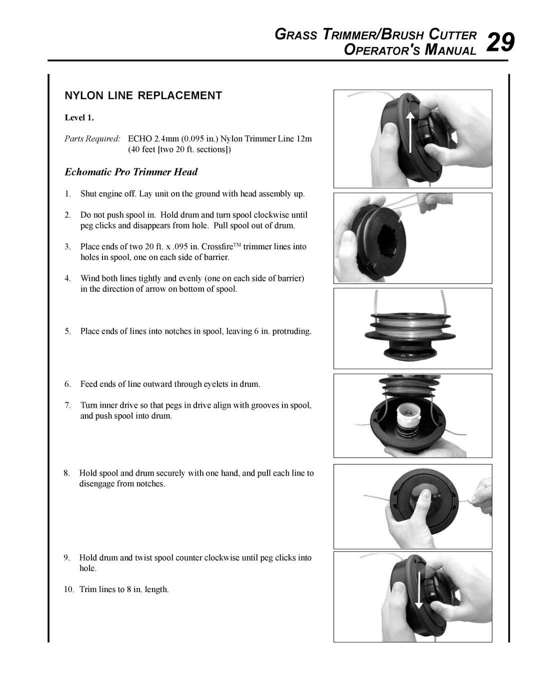 Echo SRM - 280U manual Nylon line replacement, Echomatic Pro Trimmer Head 