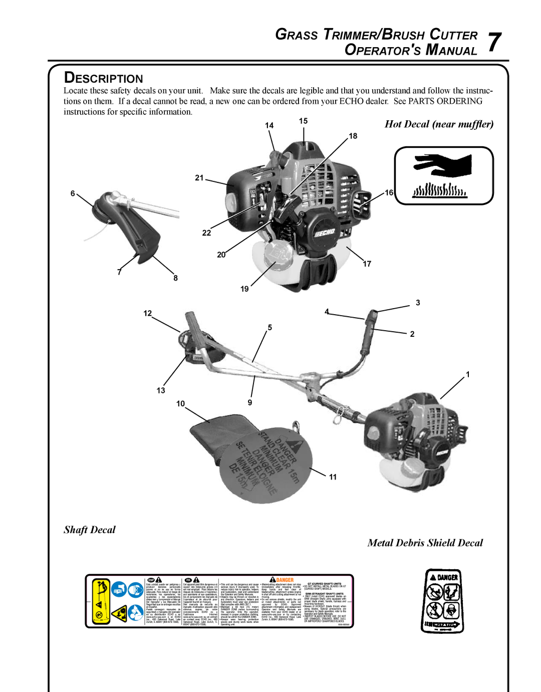 Echo SRM - 280U manual Description, Hot Decal near muffler, Shaft Decal Metal Debris Shield Decal 