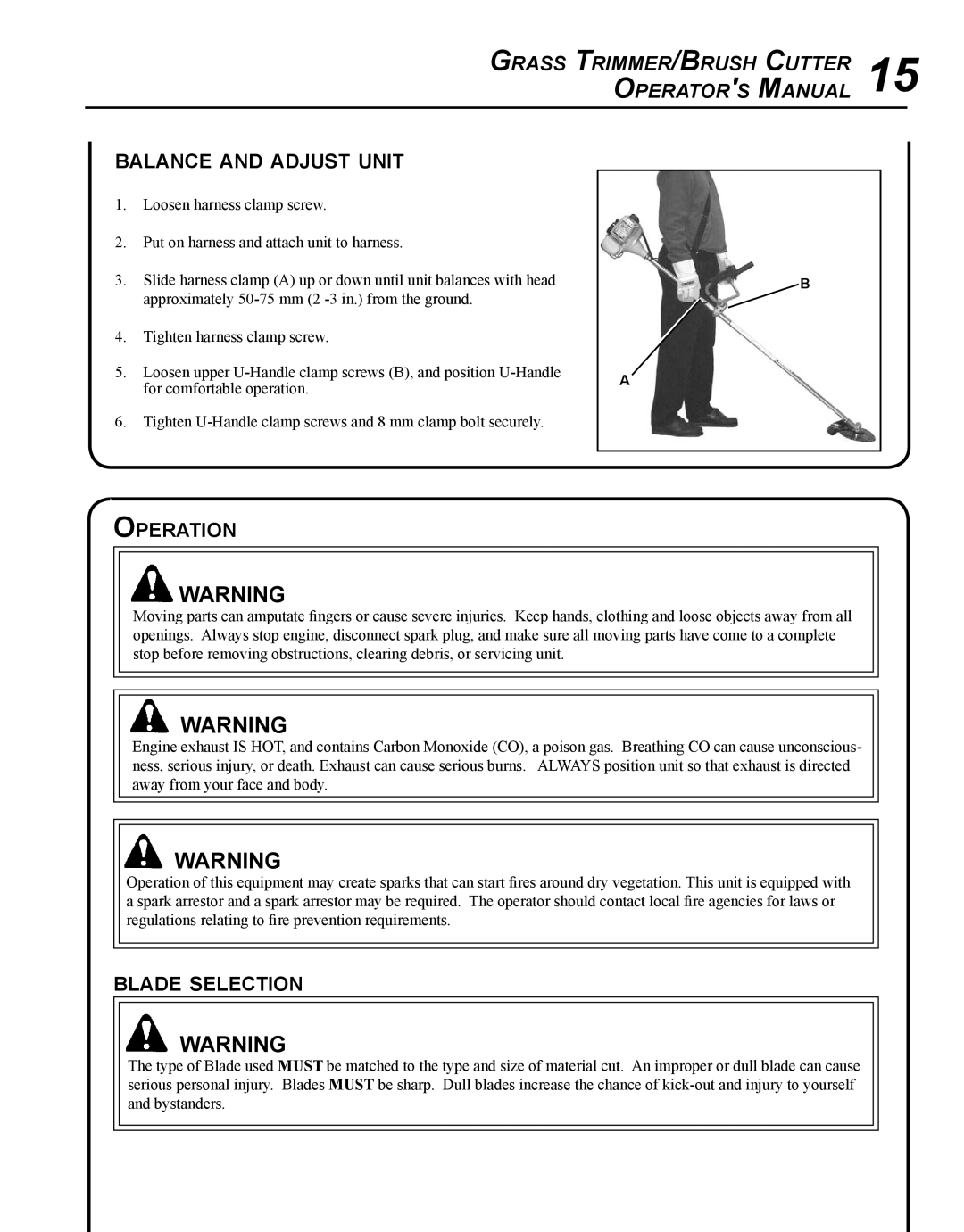 Echo SRM - 280U manual Grass Trimmer/Brush Cutter 15 Operators Manual, Balance and adjust unit, Operation, Blade selection 