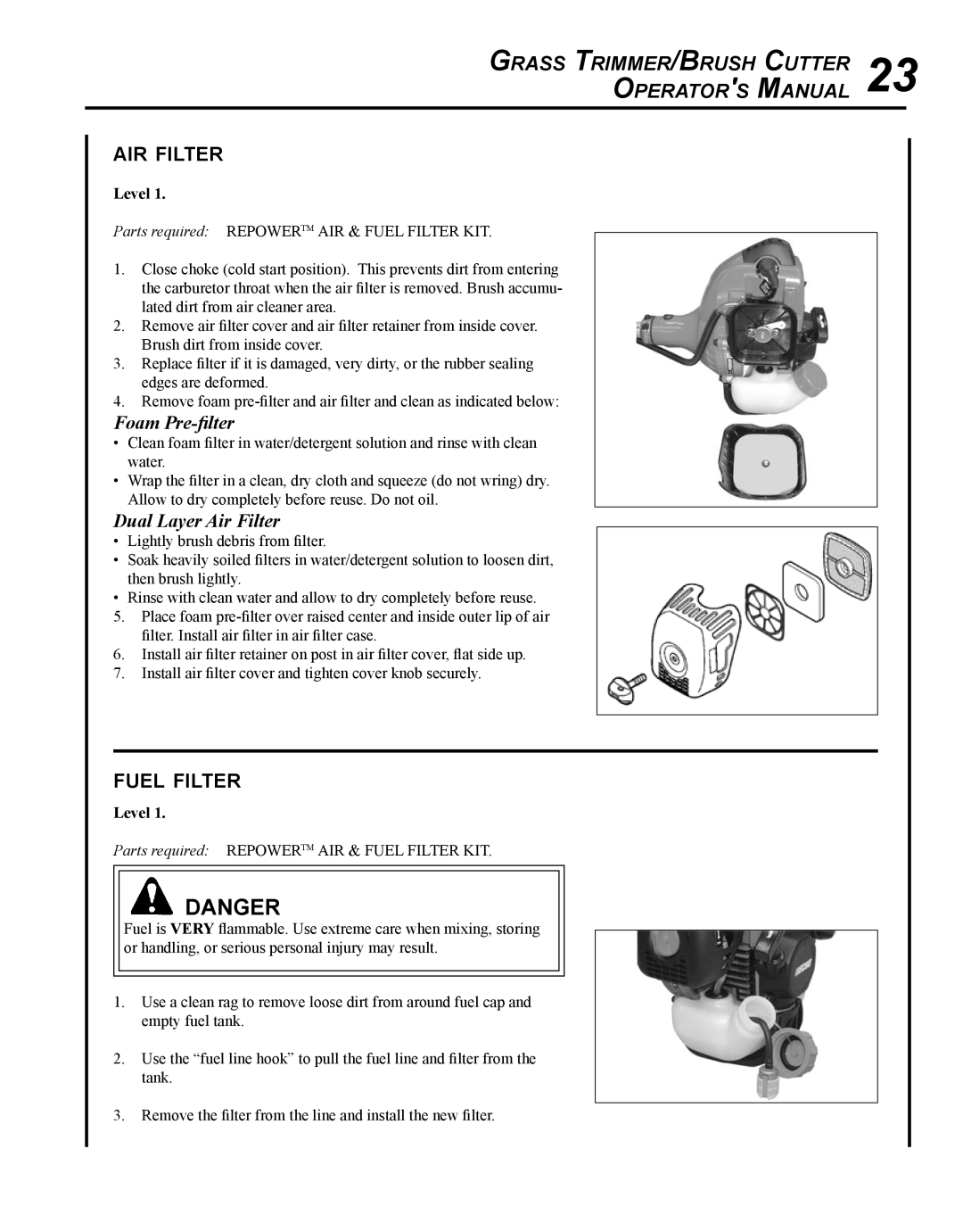 Echo SRM - 280U manual Air filter, Fuel filter, Foam Pre-filter, Dual Layer Air Filter 