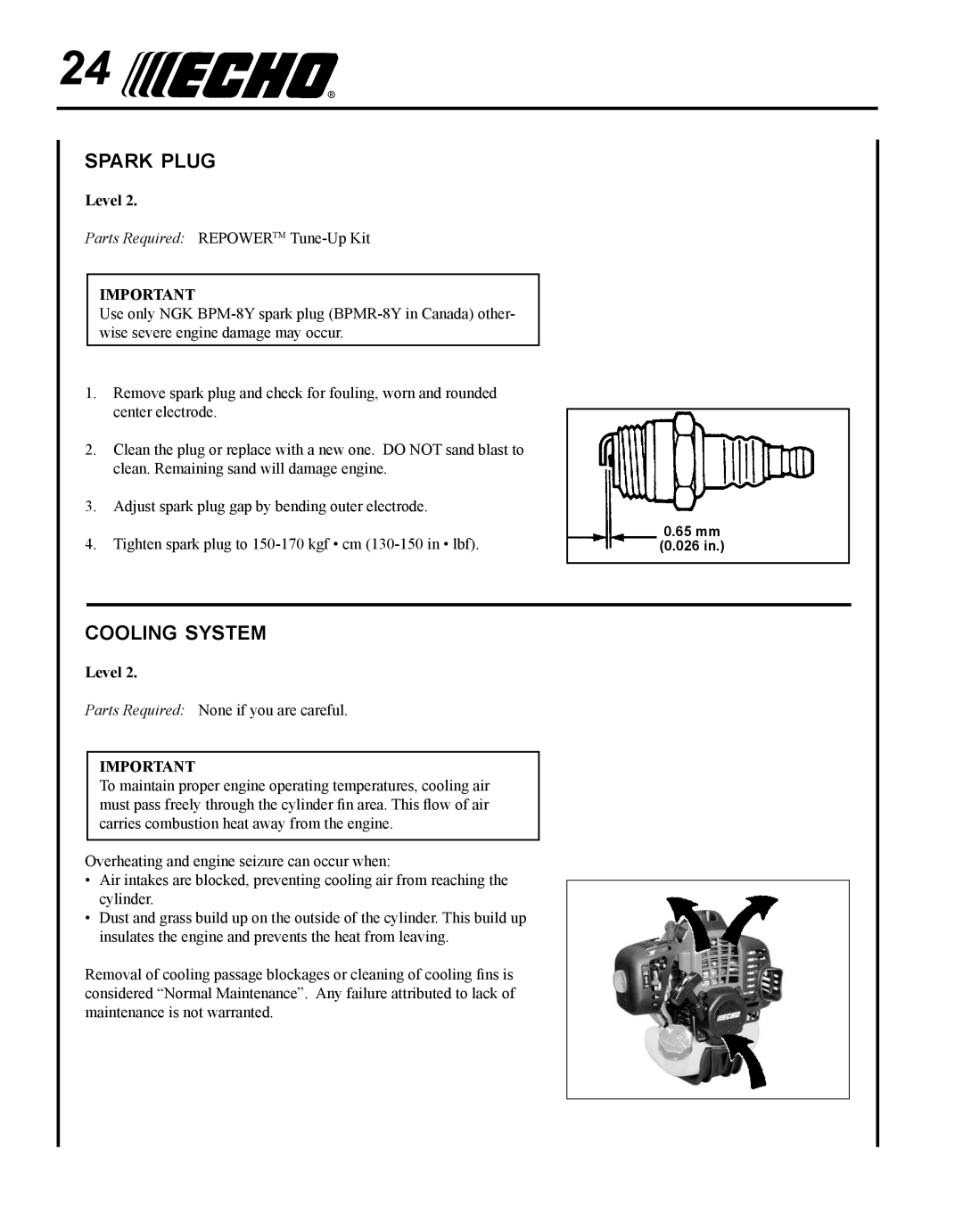 Echo SRM - 280U manual Spark plug, Cooling system 