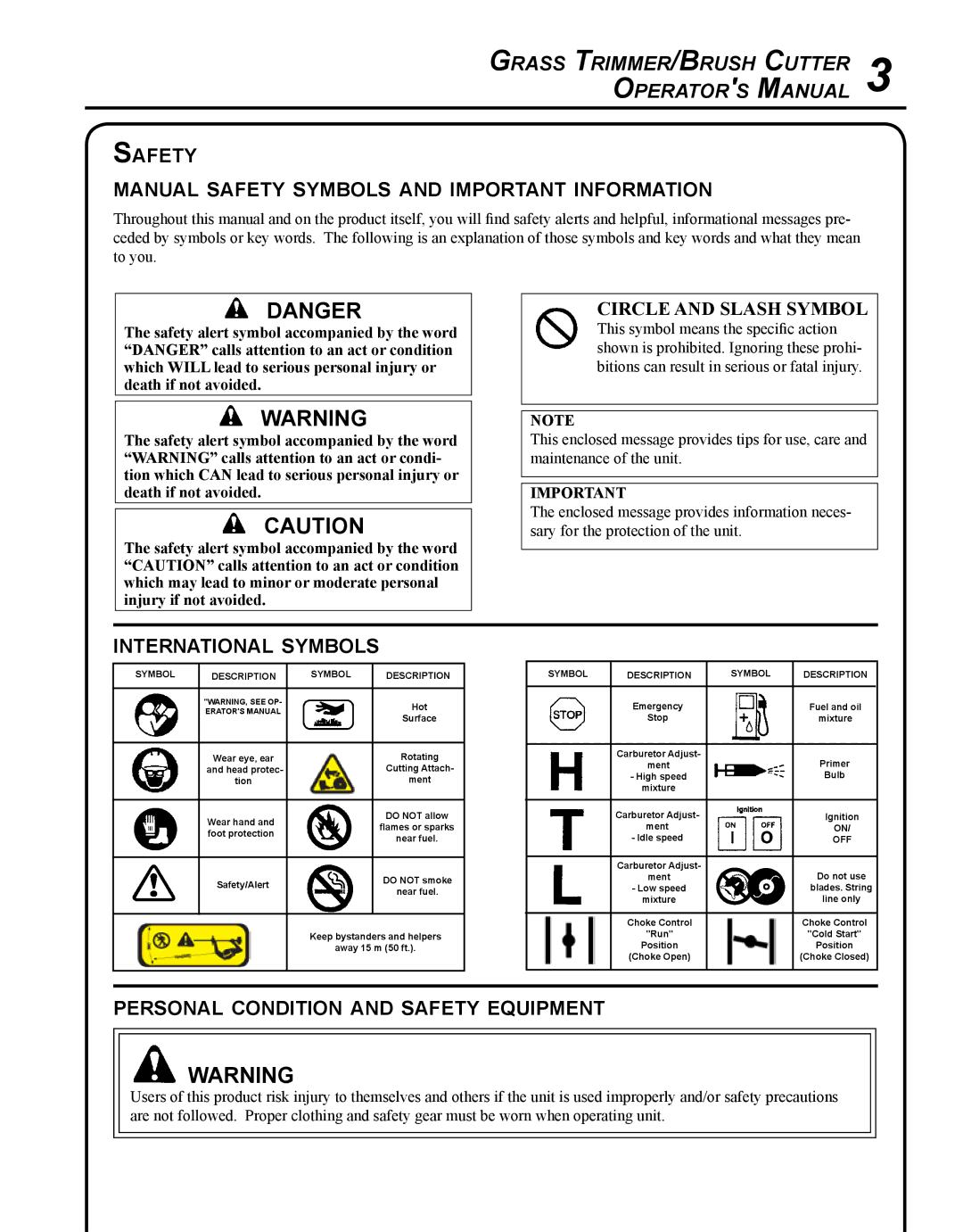 Echo SRM - 280U manual Grass Trimmer/Brush Cutter Operators Manual, Safety Manual safety symbols and important information 