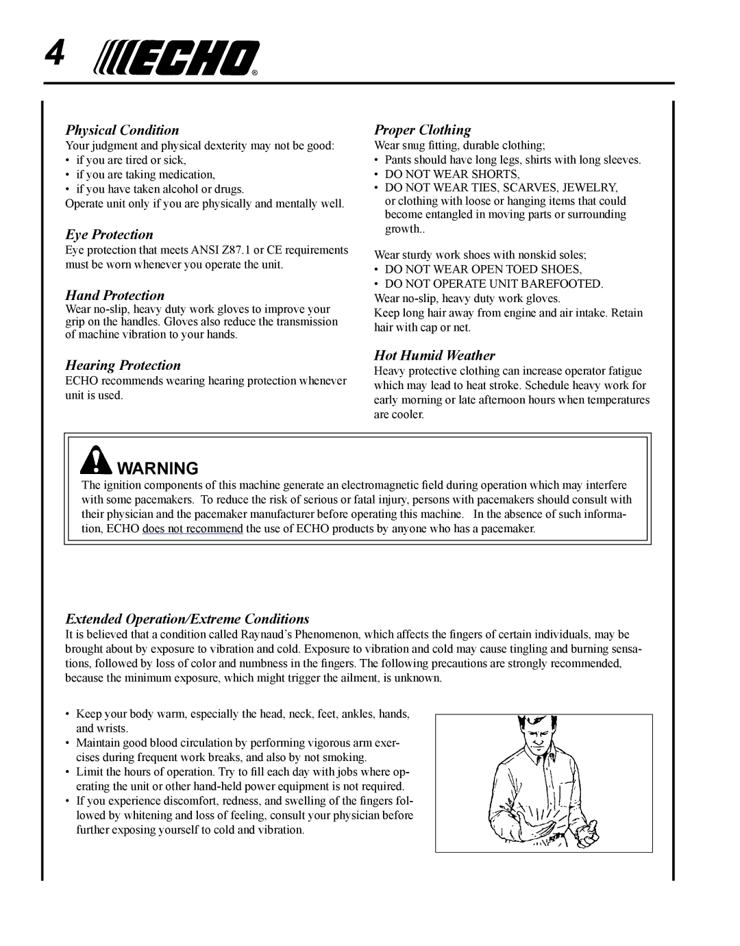 Echo SRM - 280U manual Physical Condition, Eye Protection, Hand Protection, Hearing Protection, Proper Clothing 