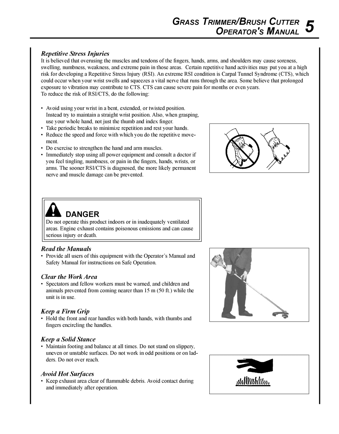 Echo SRM - 280U Repetitive Stress Injuries, Read the Manuals, Clear the Work Area, Keep a Firm Grip, Keep a Solid Stance 