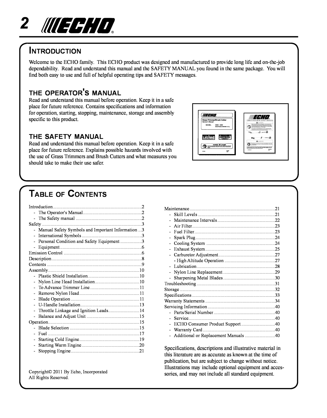 Echo SRM - 280U Introduction, the operators manual, the safety manual, Table of Contents 