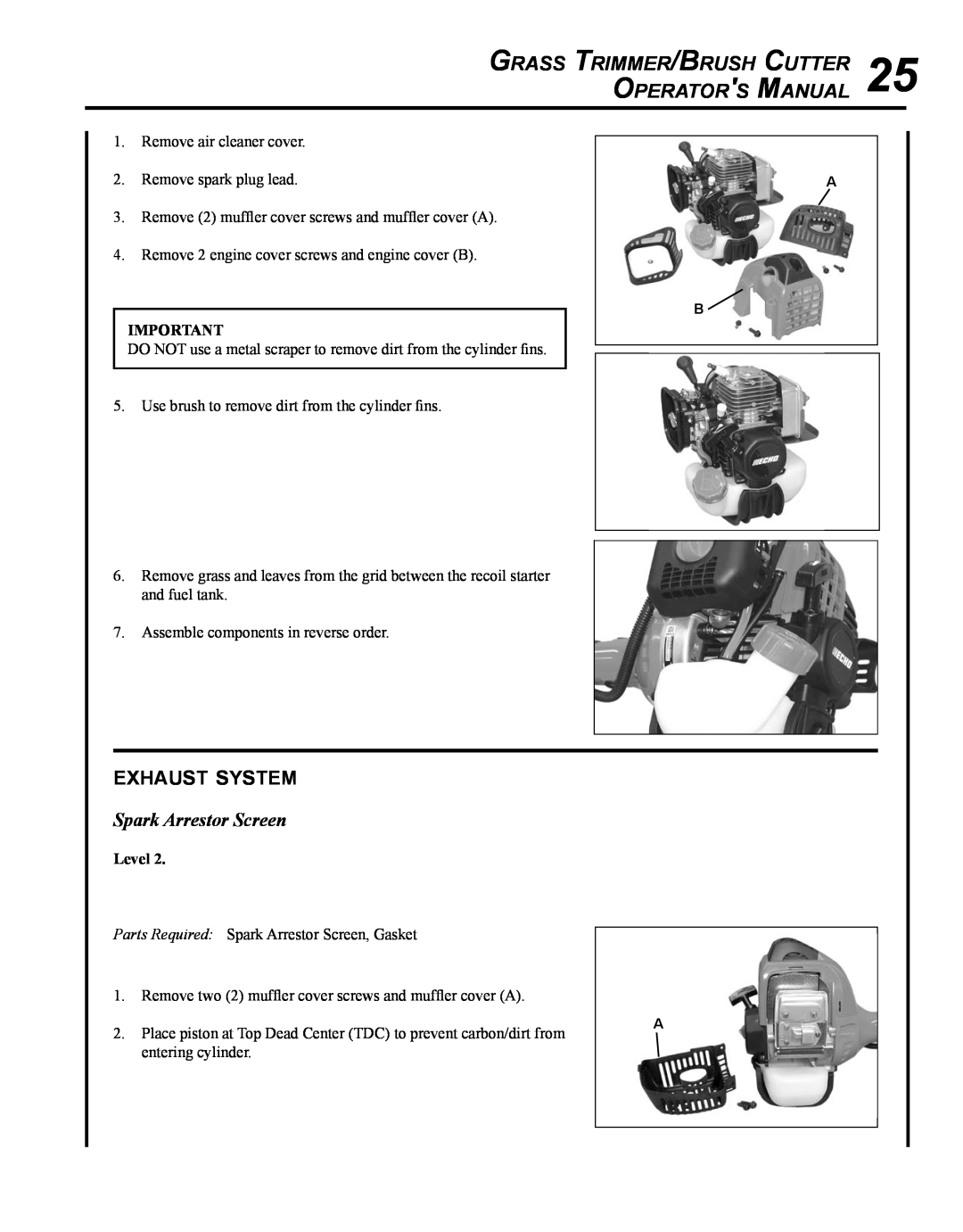Echo SRM - 280U manual Grass Trimmer/Brush Cutter 25 Operators Manual, exhaust system, Spark Arrestor Screen 