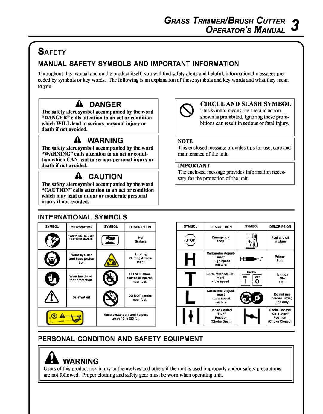 Echo SRM - 280U manual Danger, Grass Trimmer/Brush Cutter Operators Manual, international symbols, Circle and slash symbol 