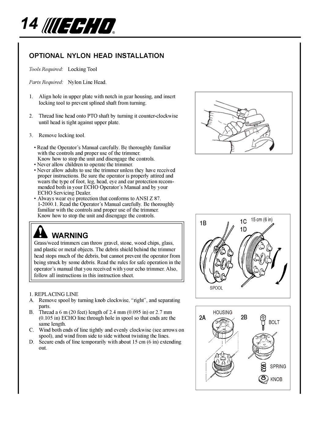 Echo SRM - 410U manual Optional nylon head installation, Tools Required Locking Tool Parts Required Nylon Line Head 