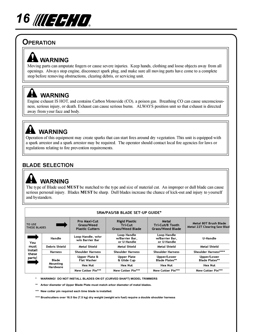 Echo SRM - 410U manual Operation, Blade selection 