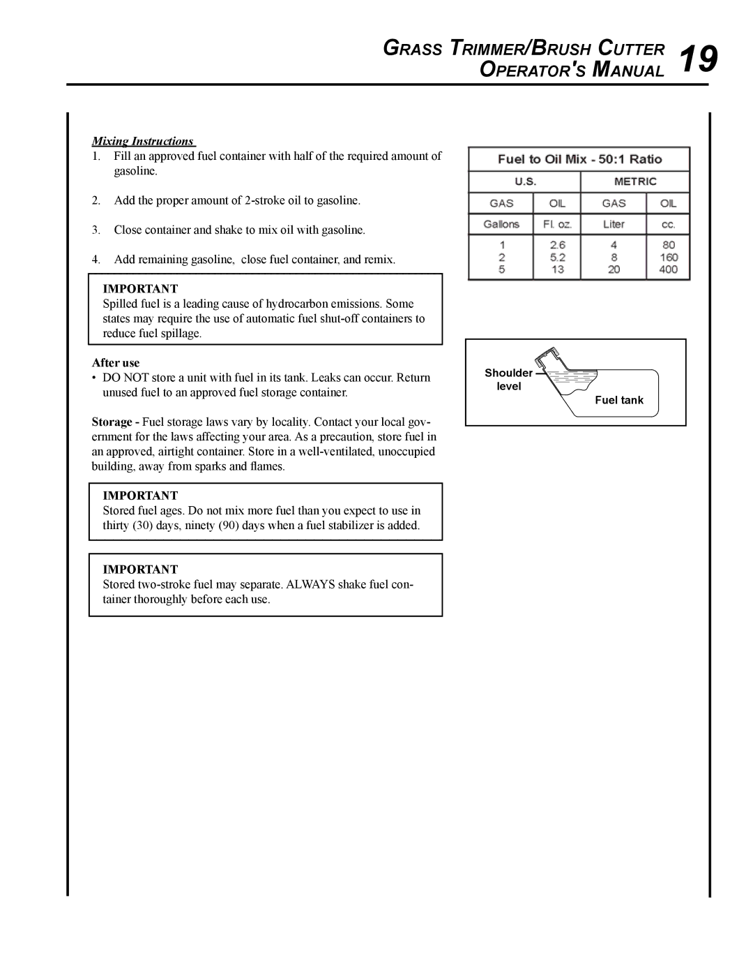 Echo SRM - 410U manual Grass Trimmer/Brush Cutter 19 Operators Manual, Mixing Instructions 