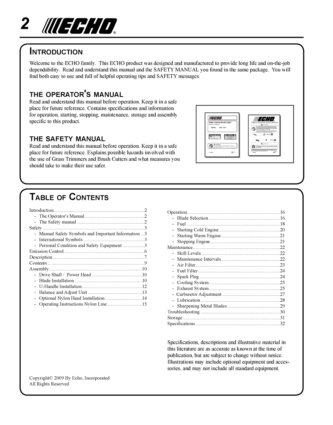 Echo SRM - 410U Introduction, Operators manual, Safety manual, Table of Contents 