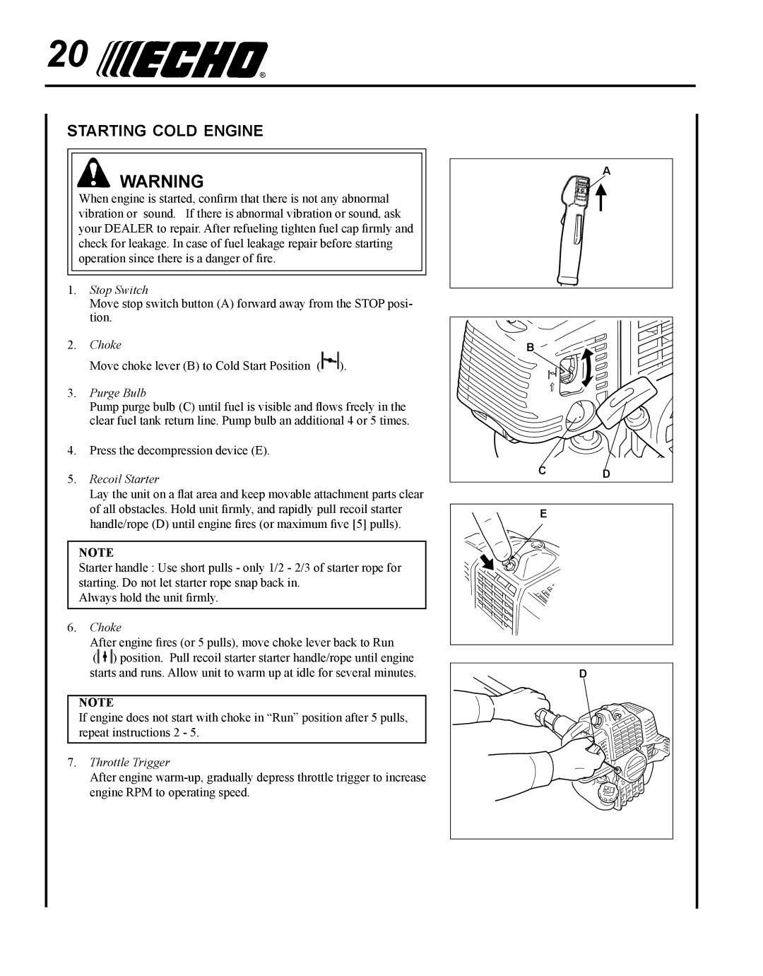 Echo SRM - 410U manual Starting cold engine, Purge Bulb 