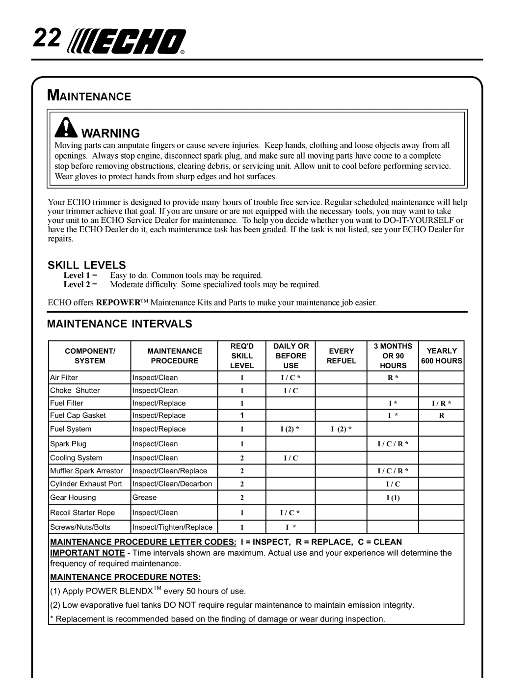 Echo SRM - 410U manual Skill levels, Maintenance intervals 