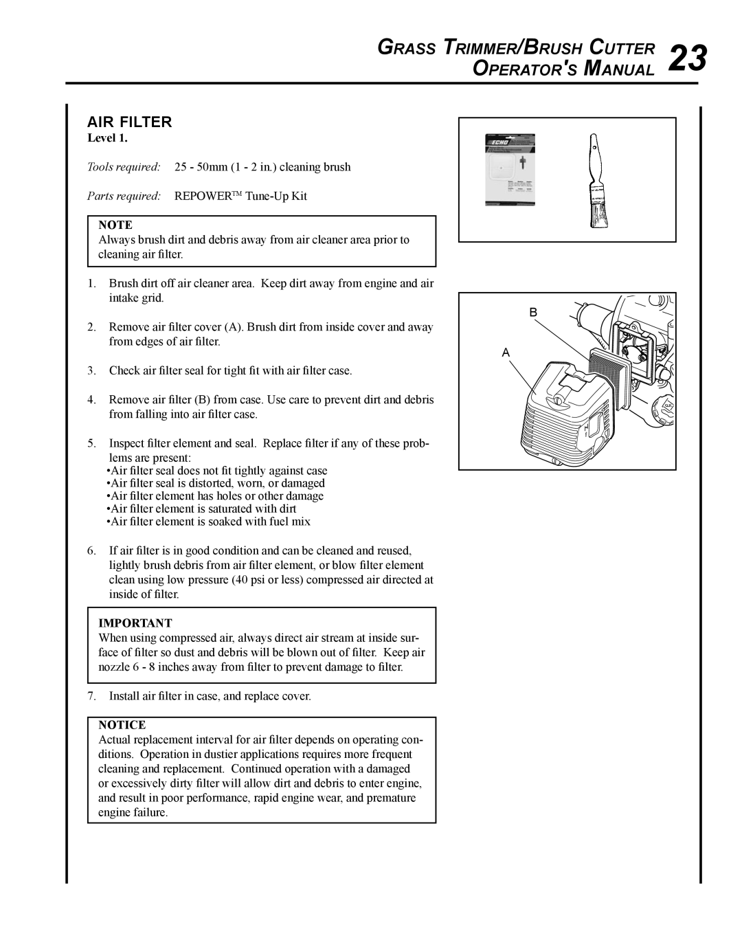 Echo SRM - 410U manual Air filter, Level 