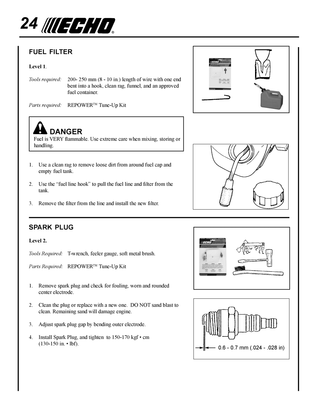 Echo SRM - 410U manual Fuel filter, Spark plug 