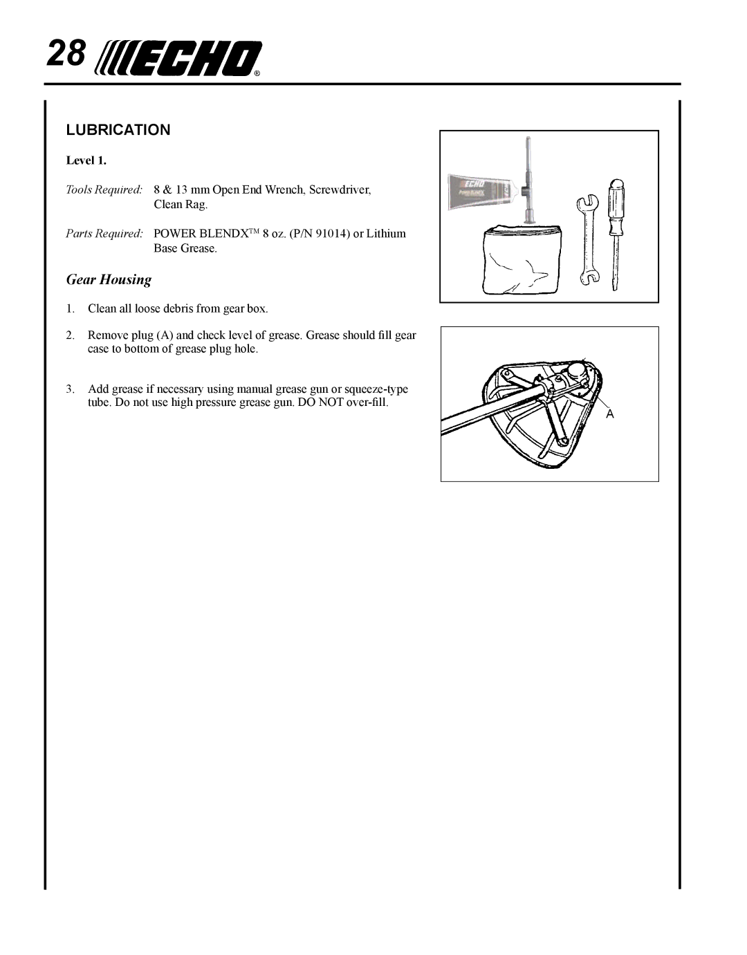 Echo SRM - 410U manual Lubrication, Gear Housing 