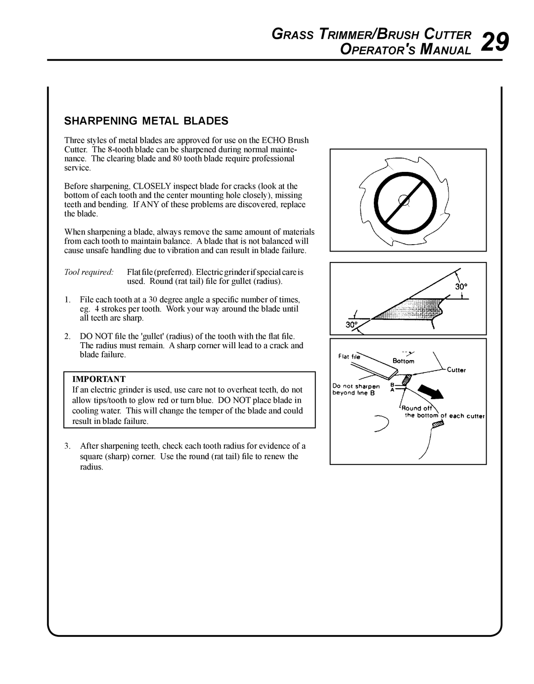 Echo SRM - 410U manual Grass Trimmer/Brush Cutter Operators Manual, Sharpening metal blades 