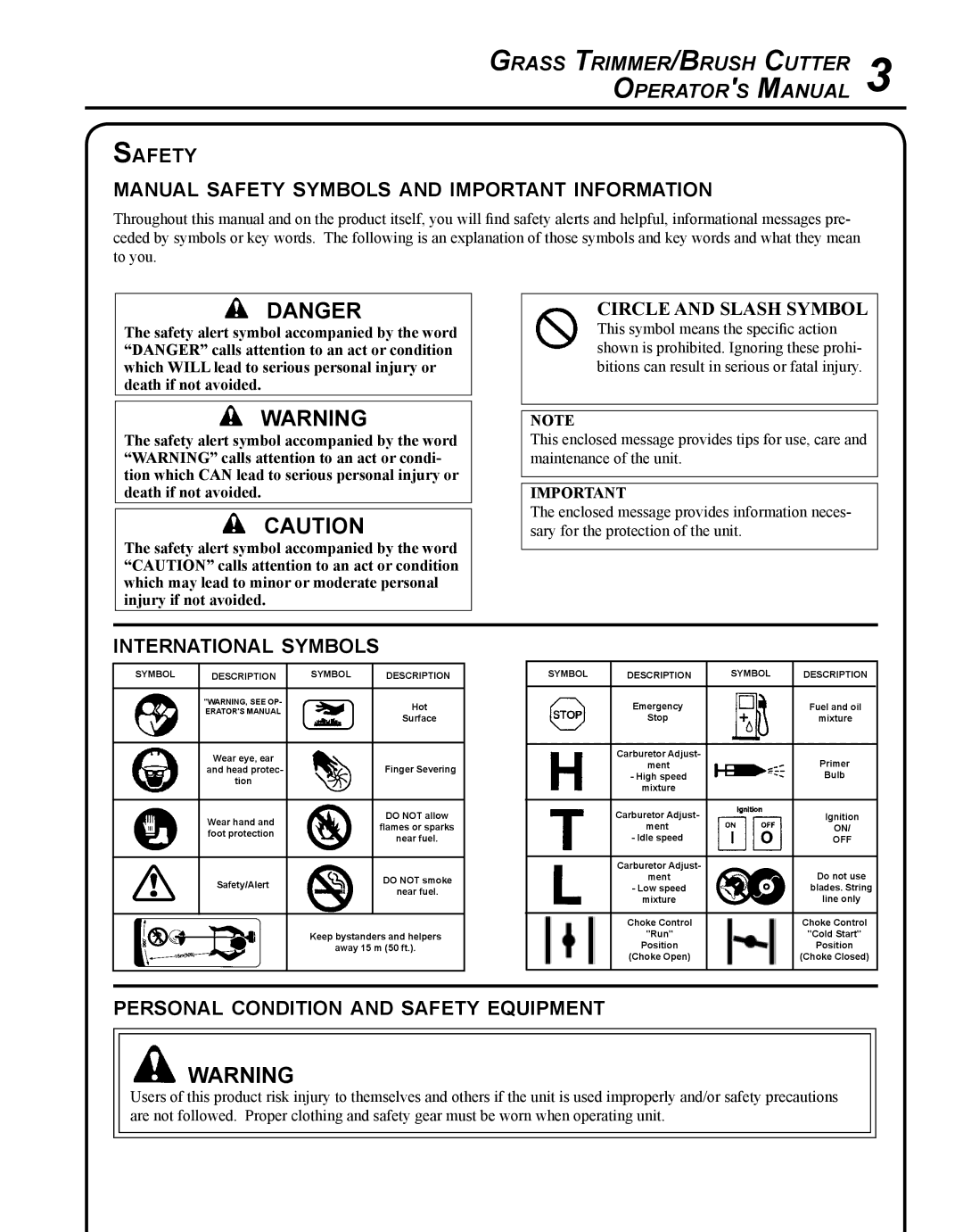 Echo SRM - 410U manual Grass Trimmer/Brush Cutter Operators Manual, Safety Manual safety symbols and important information 