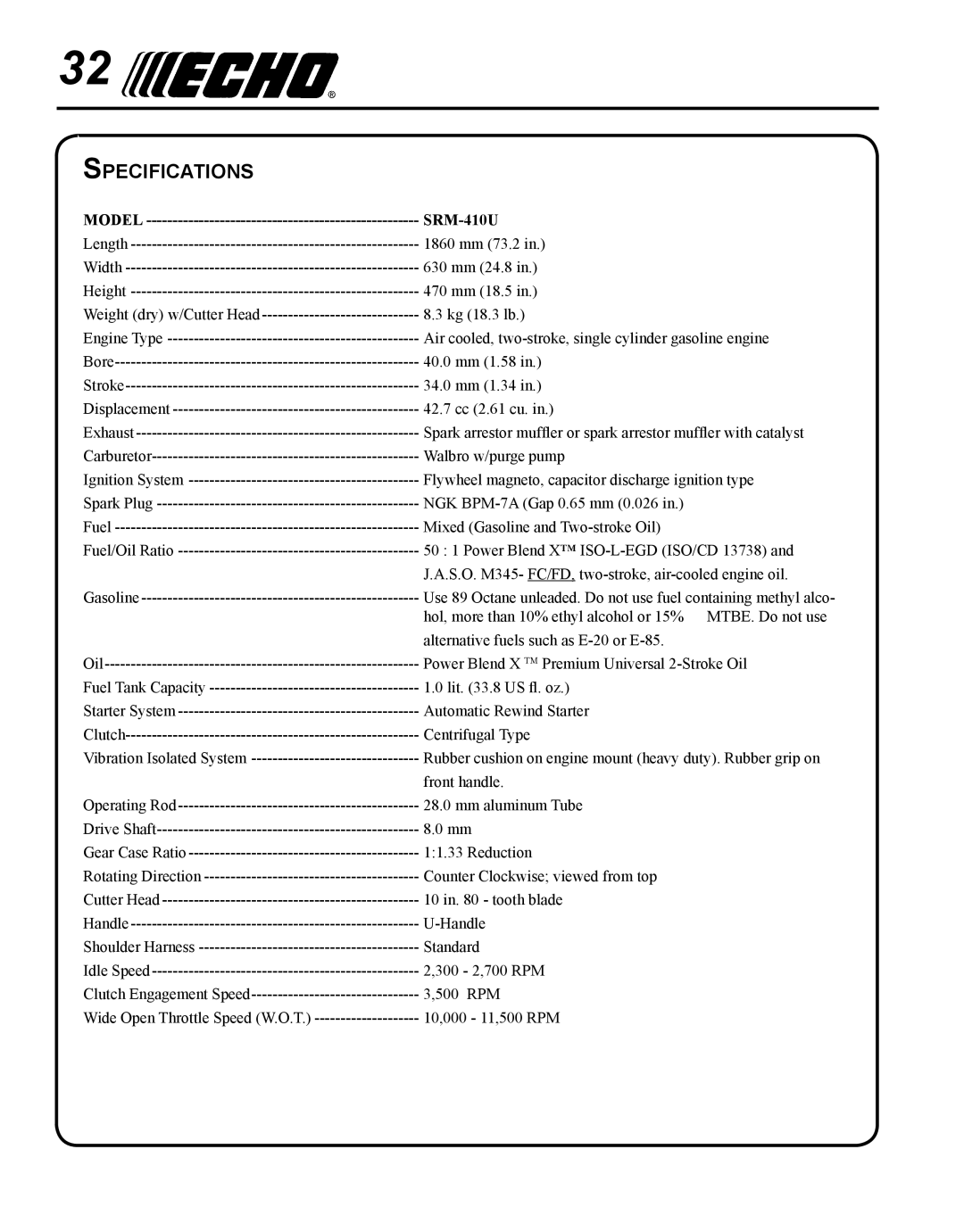 Echo SRM - 410U manual Specifications, Model SRM-410U 