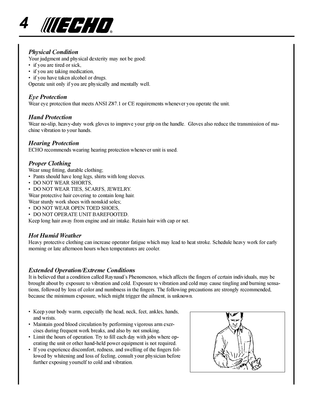 Echo SRM - 410U manual Physical Condition, Eye Protection, Hand Protection, Hearing Protection, Proper Clothing 