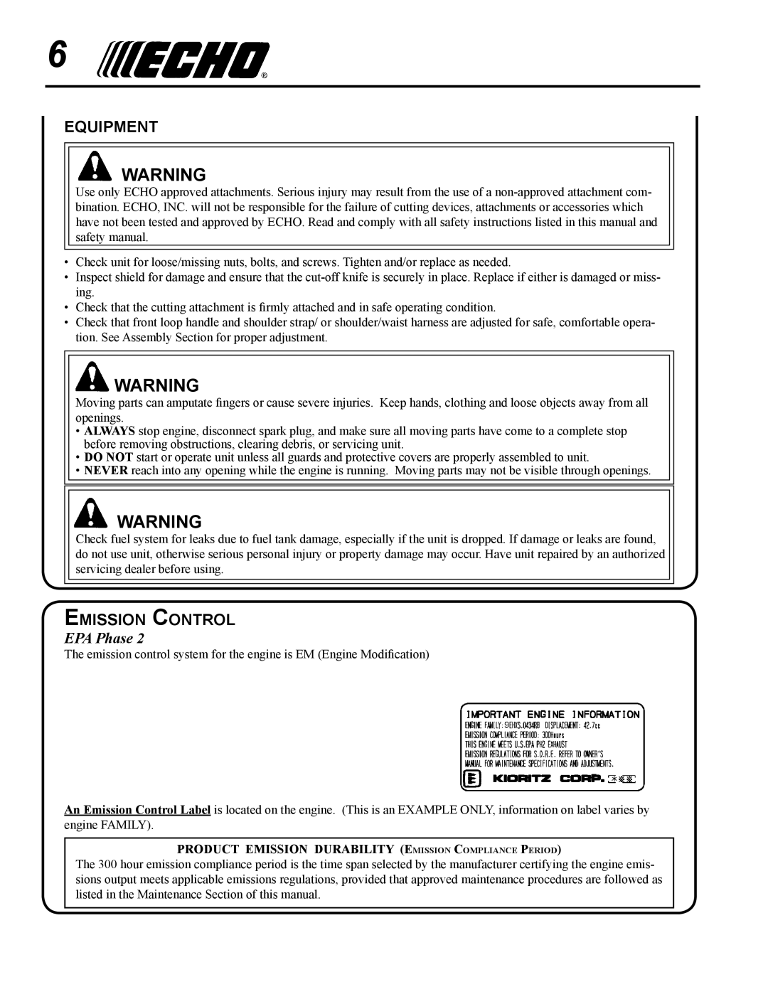 Echo SRM - 410U manual Equipment, Emission Control, EPA Phase 