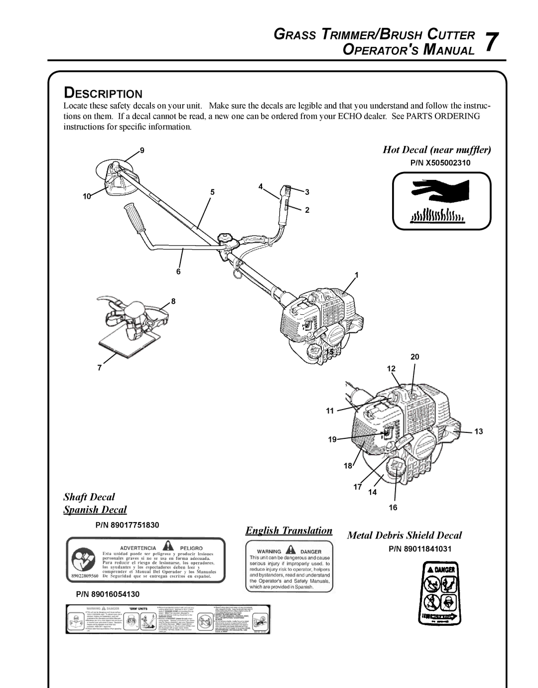 Echo SRM - 410U manual Description, Hot Decal near muffler, Shaft Decal Spanish Decal English Translation 