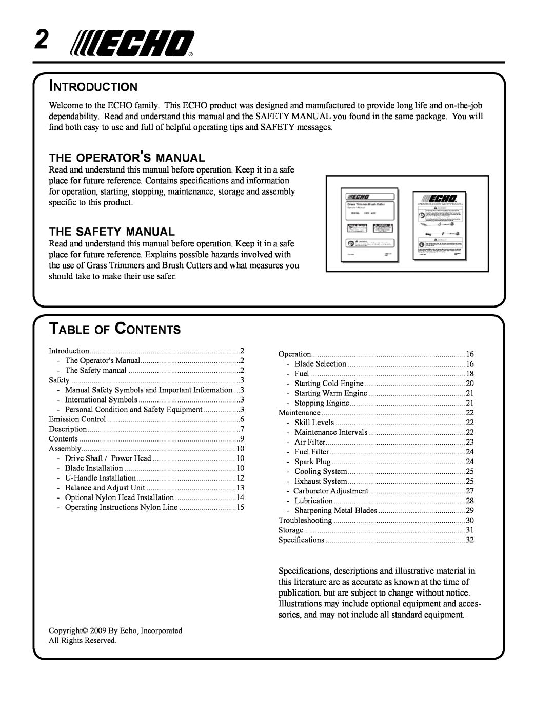 Echo SRM - 410U Introduction, the operators manual, the safety manual, Table of Contents 