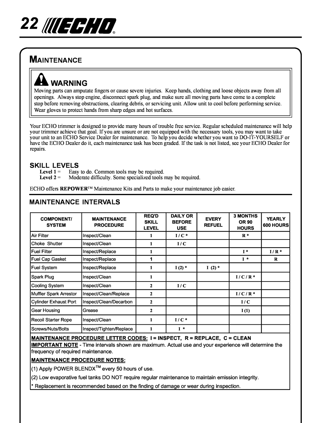 Echo SRM - 410U manual skill levels, maintenance intervals, Maintenance Procedure Notes 