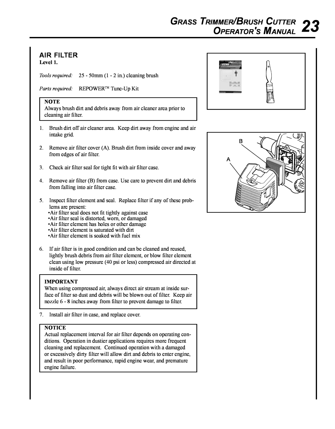 Echo SRM - 410U manual air filter, Grass Trimmer/Brush Cutter Operators Manual, Level 