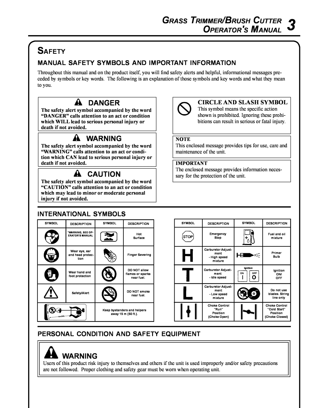 Echo SRM - 410U manual Danger, Grass Trimmer/Brush Cutter Operators Manual, international symbols, Circle and slash symbol 