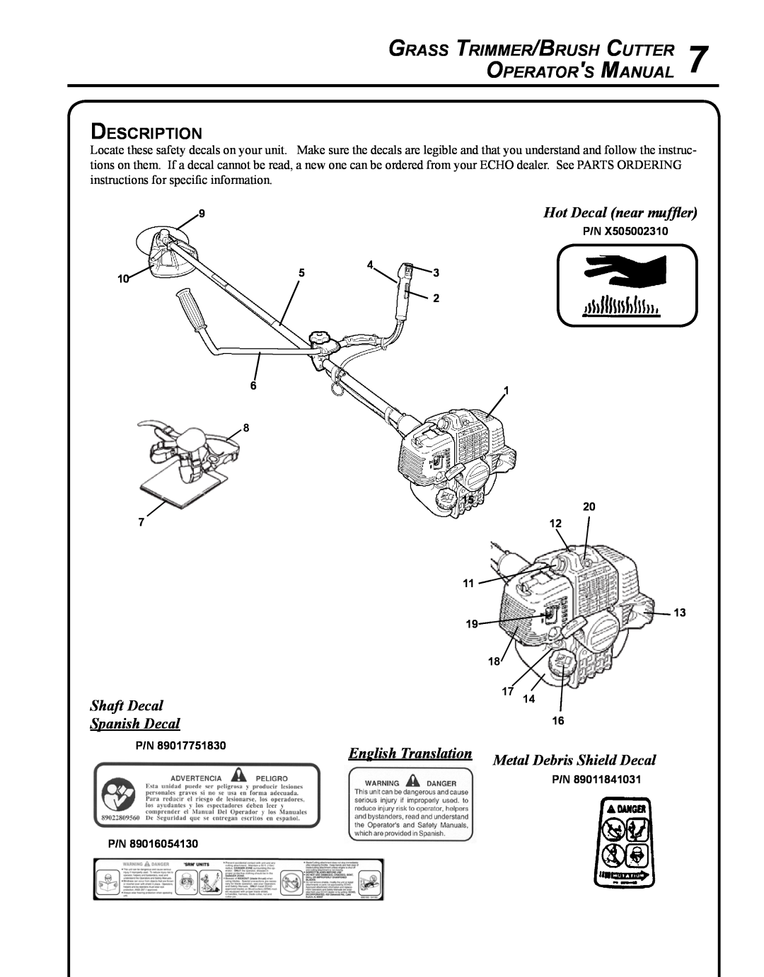 Echo SRM - 410U manual Description, Hot Decal near muffler, Shaft Decal, Spanish Decal, English Translation 