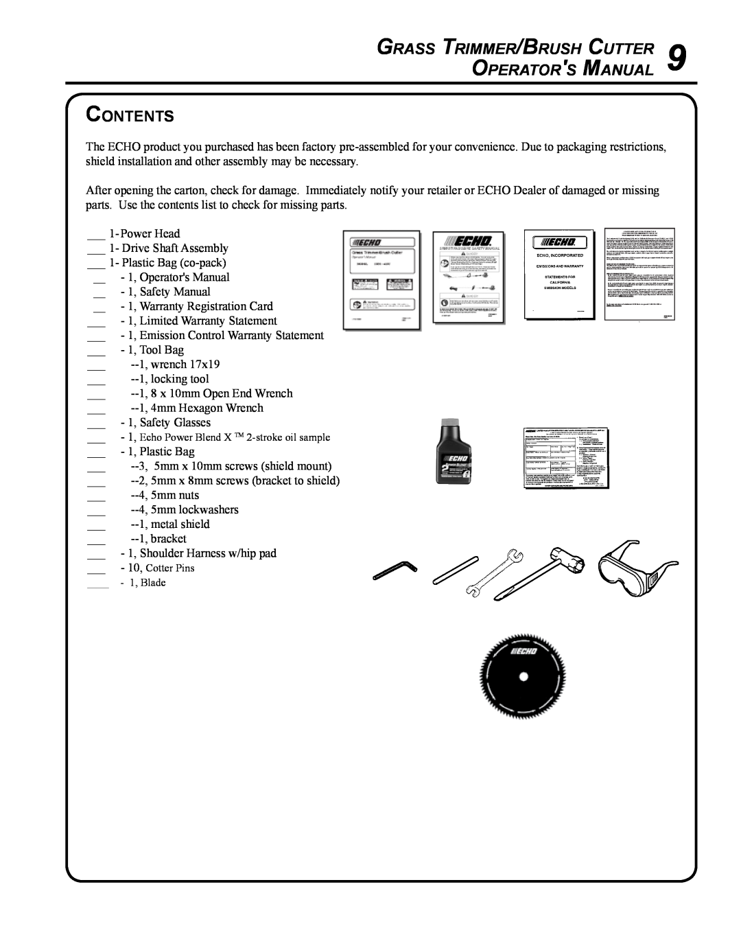 Echo SRM - 410U manual Contents, Grass Trimmer/Brush Cutter Operators Manual 