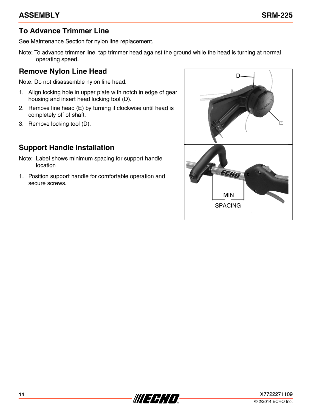 Echo SRM-225 specifications To Advance Trimmer Line, Remove Nylon Line Head, Support Handle Installation 