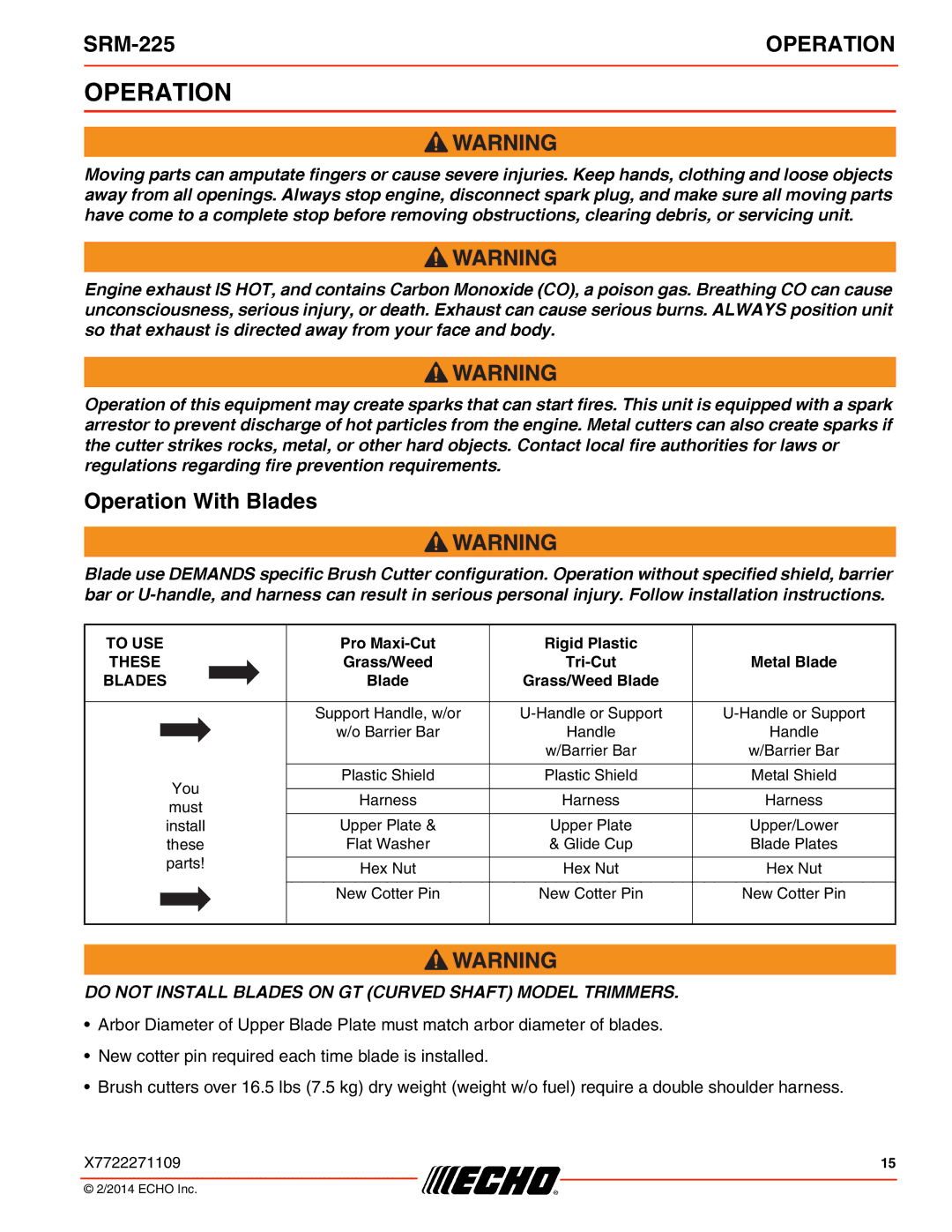 Echo SRM-225 specifications Operation With Blades 