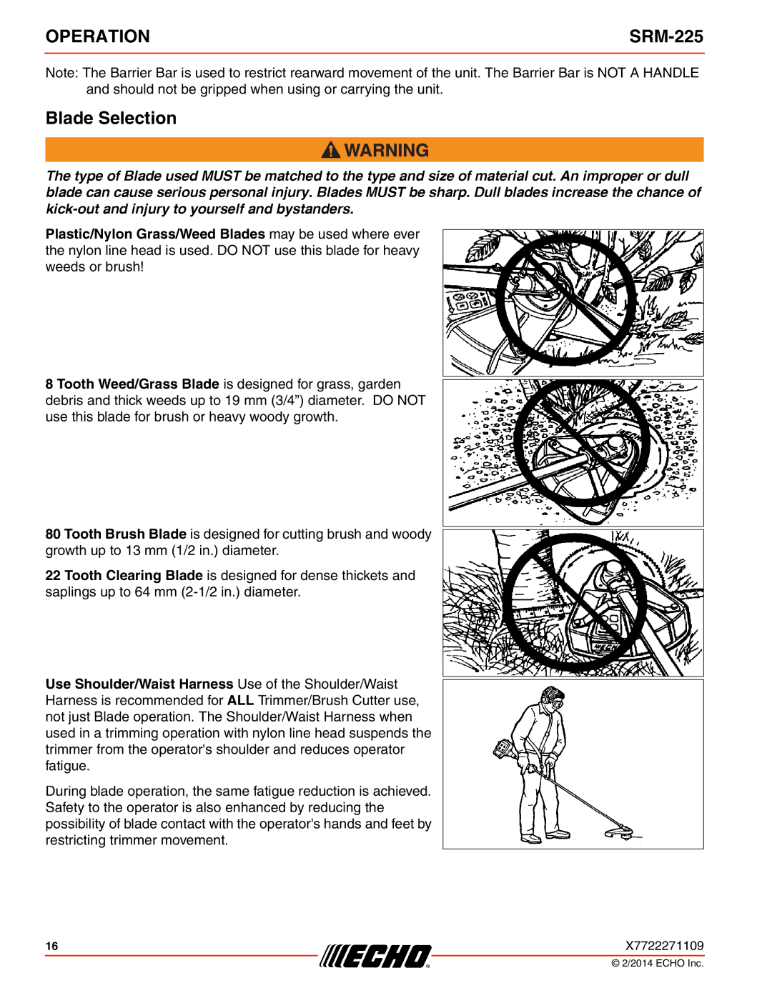 Echo SRM-225 specifications Blade Selection 