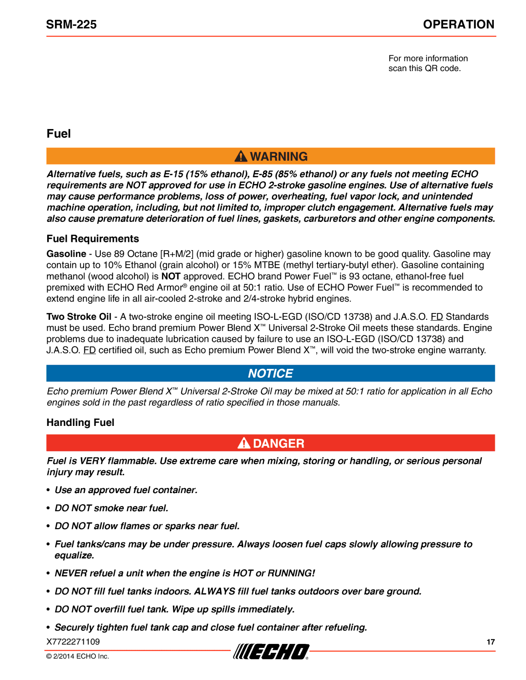 Echo SRM-225 specifications Fuel Requirements, Handling Fuel 