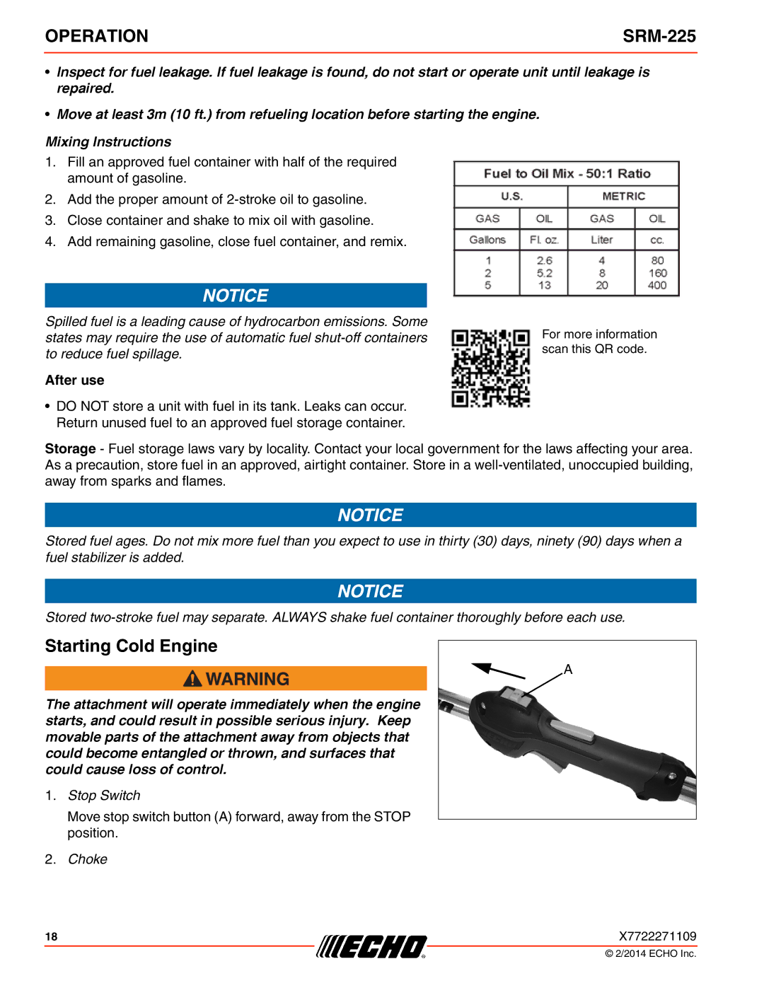 Echo SRM-225 specifications Starting Cold Engine, After use 