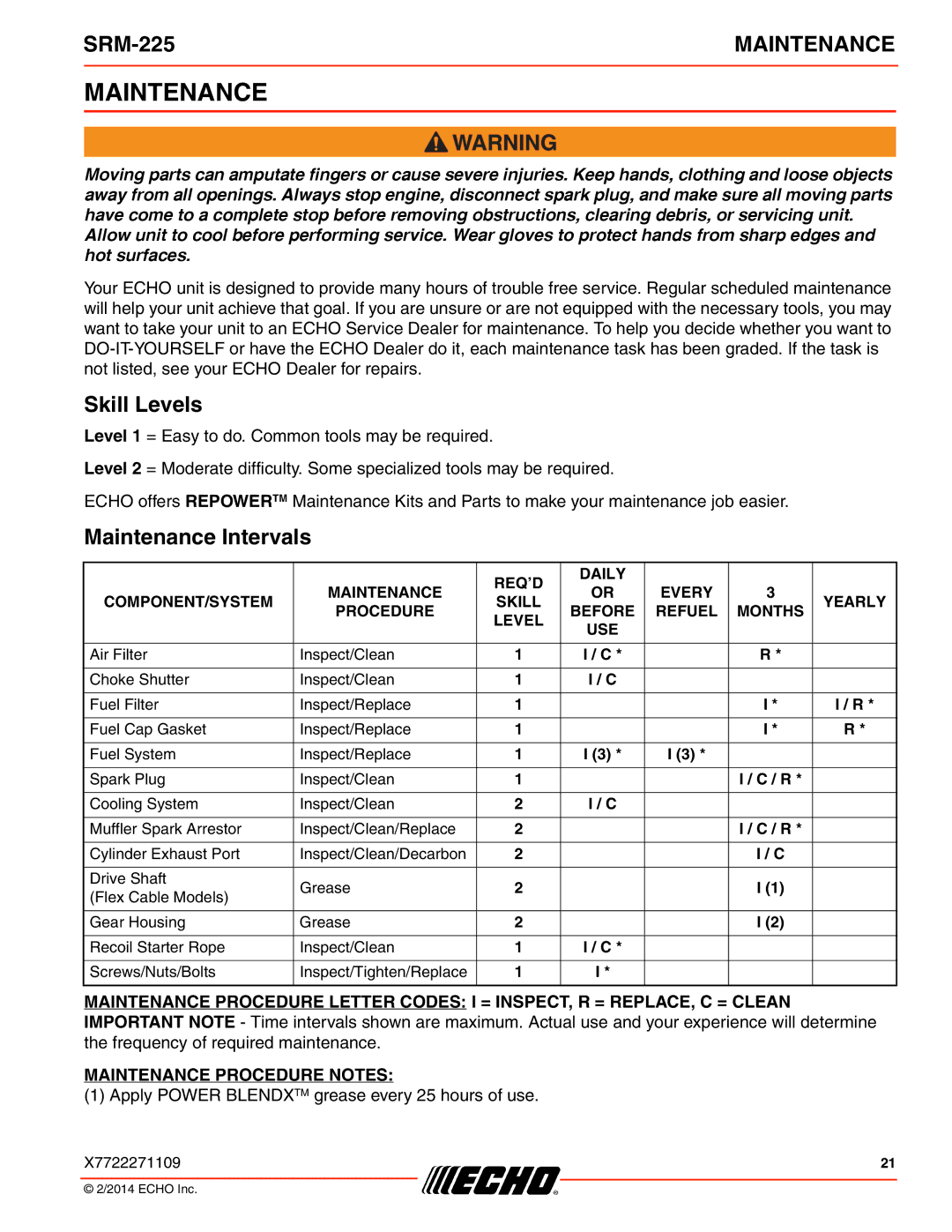 Echo SRM-225 specifications Skill Levels, Maintenance Intervals 