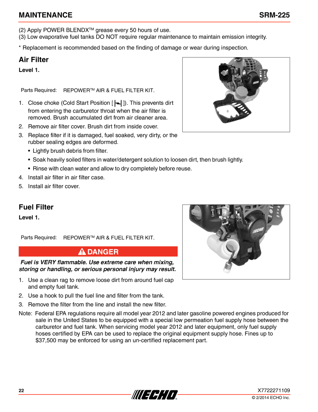 Echo SRM-225 specifications Air Filter, Fuel Filter 