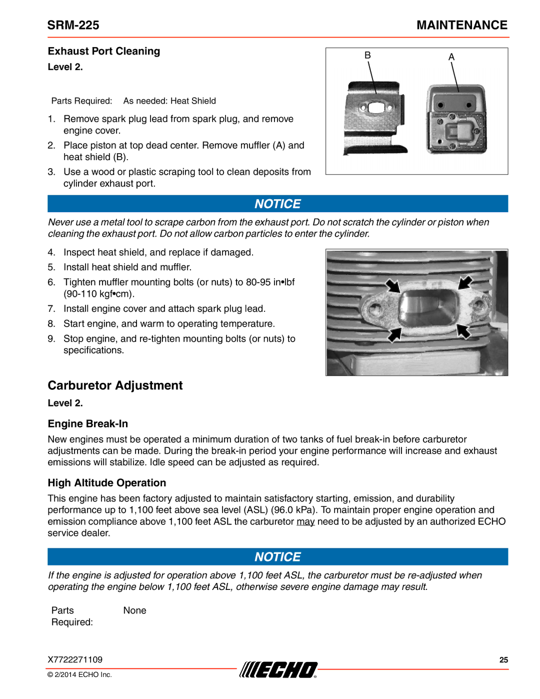 Echo SRM-225 specifications Carburetor Adjustment, Exhaust Port Cleaning, Engine Break-In, High Altitude Operation 