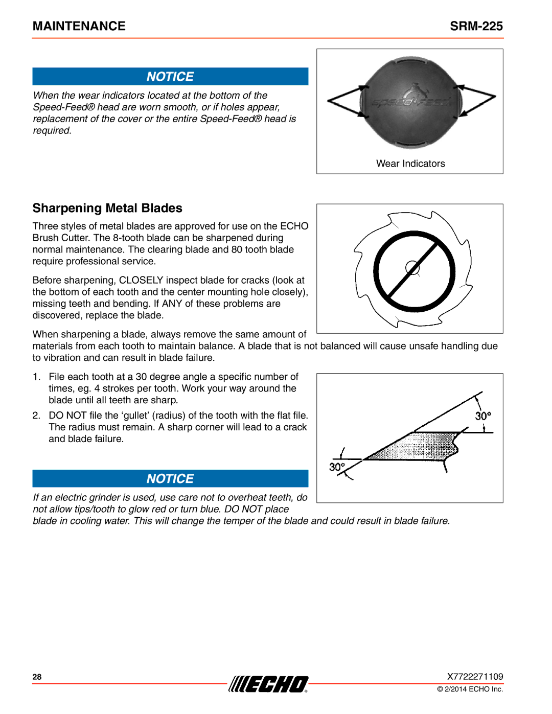 Echo SRM-225 specifications Sharpening Metal Blades 