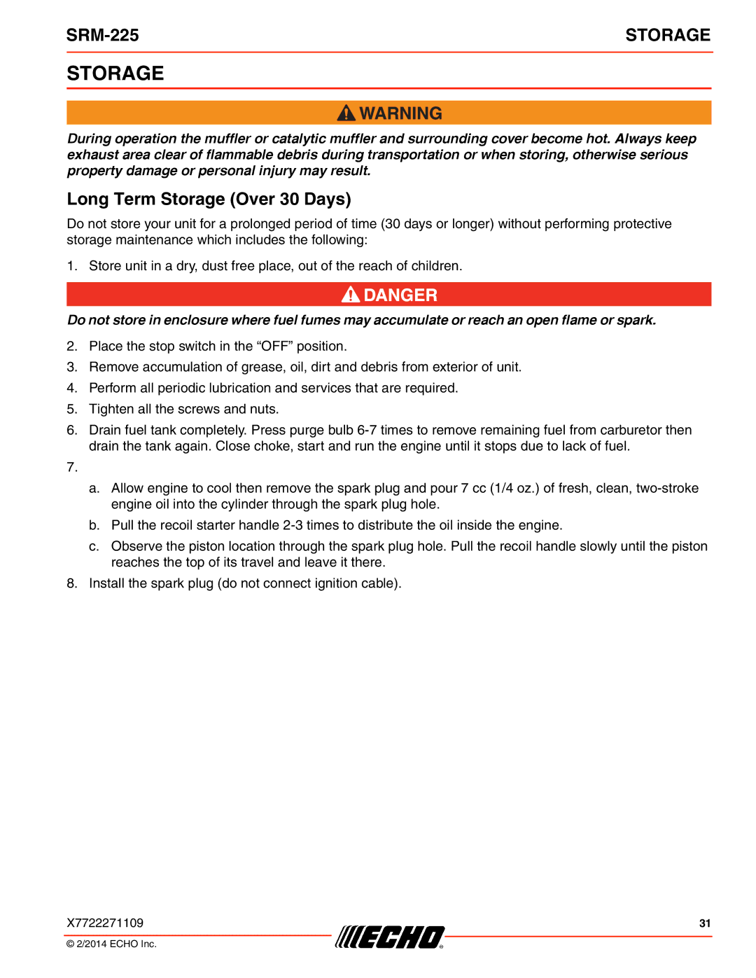 Echo SRM-225 specifications Long Term Storage Over 30 Days 