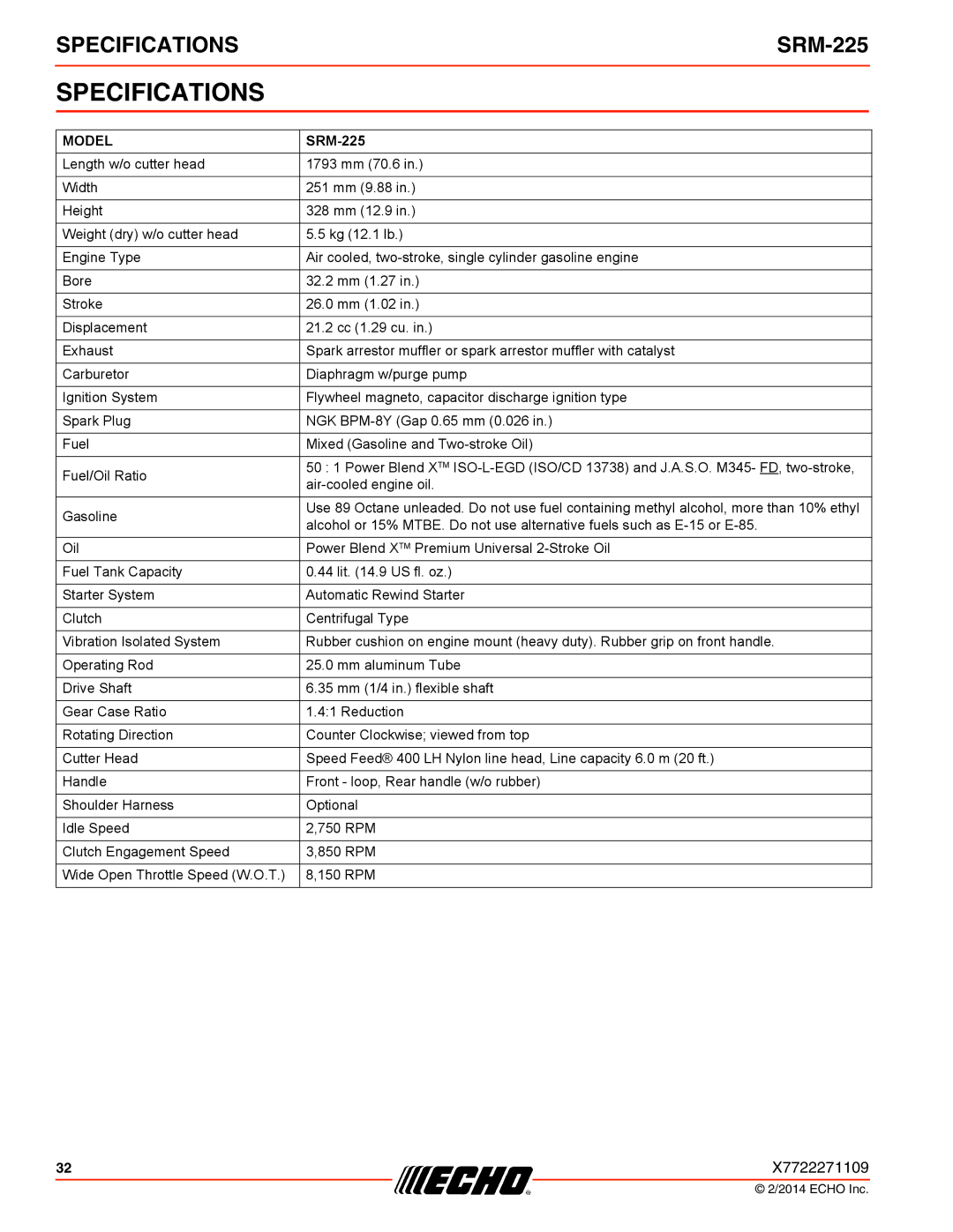 Echo SRM-225 specifications Specifications, Model 