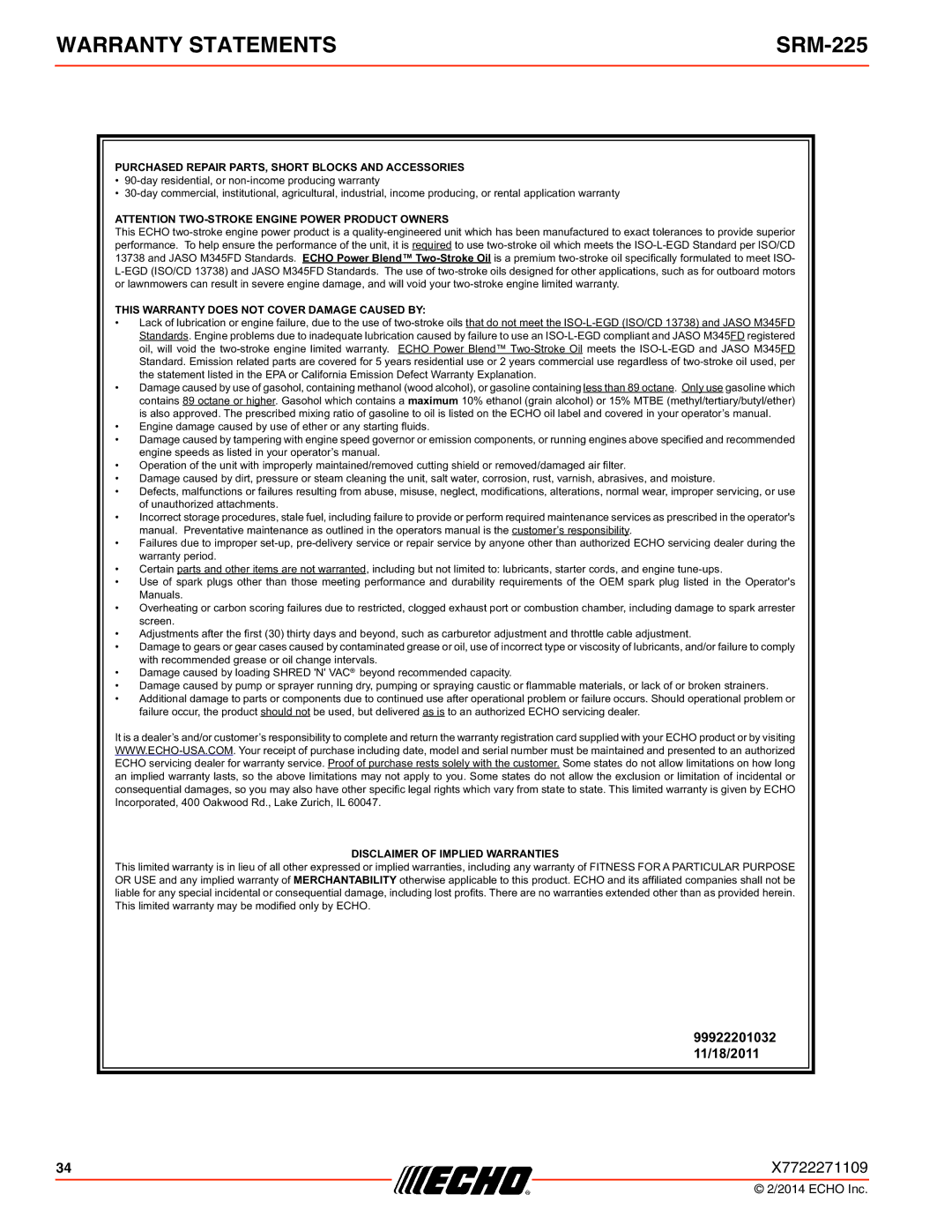 Echo SRM-225 specifications Warranty Statements 